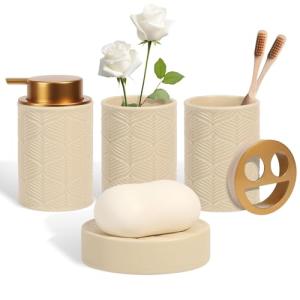 Kukikan Ceramic Bathroom Accessories Set, 4 Pcs-Includes Lotion Soap Dispenser, Toothbrush Holder, Vanity Tray, and Tumbler, Modern Bathroom Decor Organizer with Soap Dish, Apothecary Jar, Beige Color