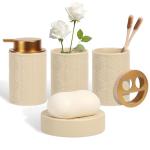 Kukikan Ceramic Bathroom Accessories Set, 4 Pcs-Includes Lotion Soap Dispenser, Toothbrush Holder, Vanity Tray, and Tumbler, Modern Bathroom Decor Organizer with Soap Dish, Apothecary Jar, Beige Color