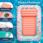 Aqua Inflatable Tanning Pool Lounger – Large (71 x 48 in) – Premium Pool Float with Cupholders and Removeable Pillow for Relaxation and Fun, Pink Flower Coral