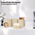 Kukikan Ceramic Bathroom Accessories Set, 4 Pcs-Includes Lotion Soap Dispenser, Toothbrush Holder, Vanity Tray, and Tumbler, Modern Bathroom Decor Organizer with Soap Dish, Apothecary Jar, Beige Color