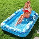 SLOOSH Inflatable Tanning Pool Lounger Float, 70" x 46" Pool Floats Adult with Pillow, 4 in 1 Suntan Tub Raft Floatie,Sunbathing Bed Lounge for Water Blow Up Kids Ball Pit Party Gifts, L-Blue