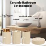 Kukikan Ceramic Bathroom Accessories Set, 4 Pcs-Includes Lotion Soap Dispenser, Toothbrush Holder, Vanity Tray, and Tumbler, Modern Bathroom Decor Organizer with Soap Dish, Apothecary Jar, Beige Color