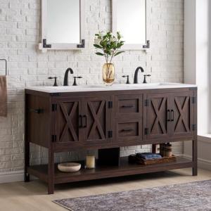 AMERLIFE 60” Farmhouse Bathroom Vanity with Double Sink, Freestanding Cabinet with 2 Drawers, 4 Barn Doors & Open Shelf, Rustic Storage for Master or Family Bathroom, Rustic Brown