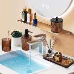 Bathroom Accessories Set,4 Pcs Amber Glass Bathroom Accessories Sets Complete with Lotion Soap Dispenser,Toothbrush Holder,Qtip Holder Dispenser and Vanity Tray,Bathroom Countertop Vanity Organizer