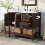 AMERLIFE 36" Farmhouse Bathroom Vanity with Sink Combo, Freestanding Small Single Wood Barn Door Bath Storage Cabinet Set with Sliding Drawers & Open Shelf, Paper Towel Holder, Rustic Brown
