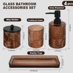 Bathroom Accessories Set,4 Pcs Amber Glass Bathroom Accessories Sets Complete with Lotion Soap Dispenser,Toothbrush Holder,Qtip Holder Dispenser and Vanity Tray,Bathroom Countertop Vanity Organizer