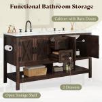 AMERLIFE 60” Farmhouse Bathroom Vanity with Double Sink, Freestanding Cabinet with 2 Drawers, 4 Barn Doors & Open Shelf, Rustic Storage for Master or Family Bathroom, Rustic Brown