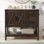 AMERLIFE 36" Farmhouse Bathroom Vanity with Sink Combo, Freestanding Small Single Wood Barn Door Bath Storage Cabinet Set with Sliding Drawers & Open Shelf, Paper Towel Holder, Rustic Brown