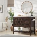 AMERLIFE 36" Farmhouse Bathroom Vanity with Sink Combo, Freestanding Small Single Wood Barn Door Bath Storage Cabinet Set with Sliding Drawers & Open Shelf, Paper Towel Holder, Rustic Brown
