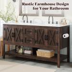 AMERLIFE 60” Farmhouse Bathroom Vanity with Double Sink, Freestanding Cabinet with 2 Drawers, 4 Barn Doors & Open Shelf, Rustic Storage for Master or Family Bathroom, Rustic Brown