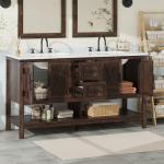 AMERLIFE 60” Farmhouse Bathroom Vanity with Double Sink, Freestanding Cabinet with 2 Drawers, 4 Barn Doors & Open Shelf, Rustic Storage for Master or Family Bathroom, Rustic Brown