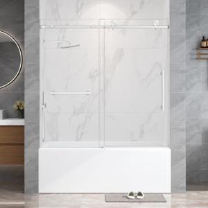 Frameless Tub Sliding Door,5/16" (8mm) Bathtub Shower Door with Soft-Close & Anti-Leak,Nano Coating Anti-Explosion Film SGCC Tempered Glass 55"-60" W x 60" H,Brushed Nickel