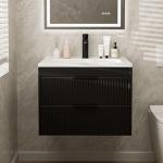 24 Inches Modern MDF Bathroom Vanity with Sink, Wall Mounted Floating Cabinets w/Double Drawers, Black Handles, White Resin Sink Combo Set (Black, 24")