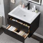 24 Inches Modern MDF Bathroom Vanity with Sink, Wall Mounted Floating Cabinets w/Double Drawers, Black Handles, White Resin Sink Combo Set (Black, 24")