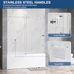 Frameless Tub Sliding Door,5/16" (8mm) Bathtub Shower Door with Soft-Close & Anti-Leak,Nano Coating Anti-Explosion Film SGCC Tempered Glass 55"-60" W x 60" H,Brushed Nickel