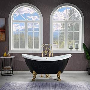 WOODBRIDGE 59" Heavy Duty Acrylic Double Slipper Clawfoot Bath Tub in Black Color with Polish Gold Feet + Polish Gold Drain &Overflow