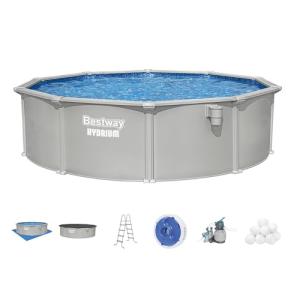 Bestway Hydrium 15' x 48" Above Ground Pool, Round Steel Side Wall Frame Outdoor Swimming Pool Set with Sand Filter Pump, Polysphere Filtration Balls, Ladder & Accessories