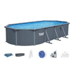 Bestway Hydrium 24' x 12' x 52" Above Ground Pool, Oval Steel Side Wall Frame Outdoor Swimming Pool Set with Sand Filter Pump, Polysphere Filtration Balls, Ladder & Accessories