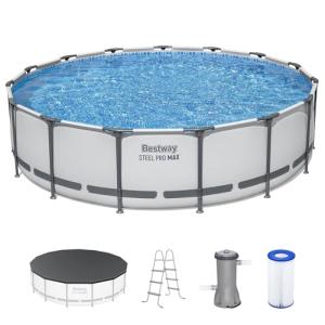Bestway Steel Pro MAX 15' x 42" Above Ground Pool, Round Metal Frame Outdoor Swimming Pool Set with Filter Pump, Ladder, and Cover, Gray