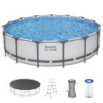 Bestway Steel Pro MAX 15' x 42" Above Ground Pool, Round Metal Frame Outdoor Swimming Pool Set with Filter Pump, Ladder, and Cover, Gray