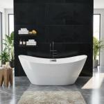 59" Freestanding Acrylic Bathtub, Deep Soaking Tub with Non-Slip Base, cUPC Certified, Chrome Pop-Up Drain and Overflow, White