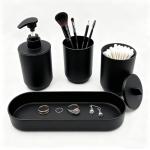 LGURT 4-Piece Bathroom Accessories Set, Matte Black Plastic Countertop Organizer with Toothbrush Holder, Lotion Soap Dispenser, Cotton Swab Cup & Vanity Tray – Modern Bathroom Decor for Home