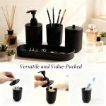 LGURT 4-Piece Bathroom Accessories Set, Matte Black Plastic Countertop Organizer with Toothbrush Holder, Lotion Soap Dispenser, Cotton Swab Cup & Vanity Tray – Modern Bathroom Decor for Home