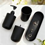 LGURT 4-Piece Bathroom Accessories Set, Matte Black Plastic Countertop Organizer with Toothbrush Holder, Lotion Soap Dispenser, Cotton Swab Cup & Vanity Tray – Modern Bathroom Decor for Home