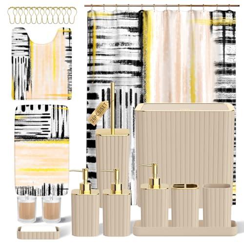 InnJoey Bathroom Set - Bathroom Accessory Set, Beige Bathroom Set, 26PC Bathroom Sets with Shower Curtain and Rugs, Toilet Brush, Trash Can, Qtip Holder & Bathroom Soap Dispenser Set