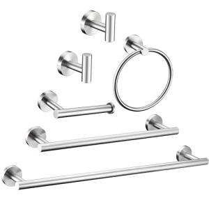 6 Pieces Brushed Nickel Bathroom Hardware Accessories Set Hand Towel Ring 16&23.6 inch Round Towel Bar Silver Toilet Paper Holder Towel Hooks 2 Pieces SUS 304 Stainless Steel,Heavy Duty,Wall Mounted