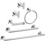 6 Pieces Brushed Nickel Bathroom Hardware Accessories Set Hand Towel Ring 16&23.6 inch Round Towel Bar Silver Toilet Paper Holder Towel Hooks 2 Pieces SUS 304 Stainless Steel,Heavy Duty,Wall Mounted