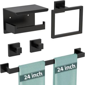 5-Pieces Matte Black Bathroom Hardware Accessories Set, 24 Inch Stainless Steel Towel Racks for Bathroom, Towel Bar Set Towel Ring Coat Hook and Toilet Paper Holder with Shelf Wall Mounted