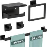 5-Pieces Matte Black Bathroom Hardware Accessories Set, 24 Inch Stainless Steel Towel Racks for Bathroom, Towel Bar Set Towel Ring Coat Hook and Toilet Paper Holder with Shelf Wall Mounted