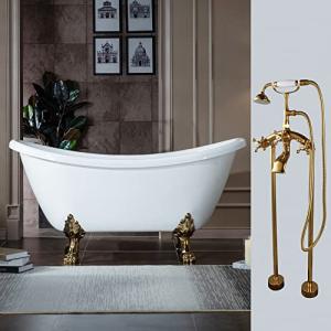 WOODBRIDGE All Inclusive Package 59" Heavy Duty AcrylicDouble Slipper Clawfoot Bath Tub with Polished Gold Feet+PG Drain &Overflow +PG Faucet