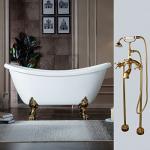 WOODBRIDGE All Inclusive Package 59" Heavy Duty AcrylicDouble Slipper Clawfoot Bath Tub with Polished Gold Feet+PG Drain &Overflow +PG Faucet