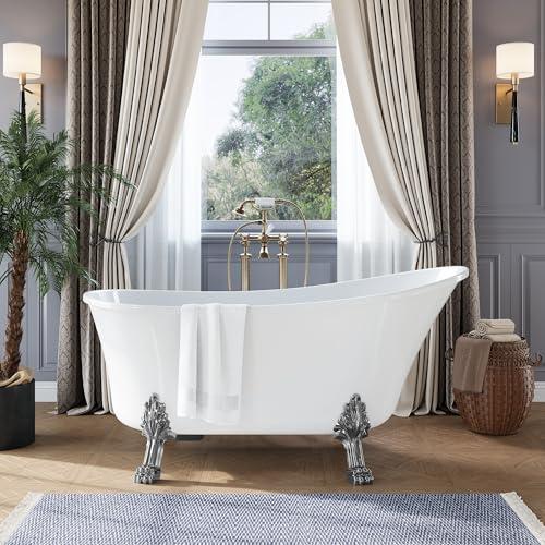 67" Clawfoot Bathtub, Heavy Duty Acrylic Slipper Tub, Complete with Feet, Drain & Overflow System, Freestanding Soaking Bath with Vintage Design