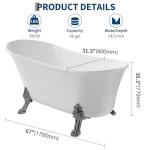 67" Clawfoot Bathtub, Heavy Duty Acrylic Slipper Tub, Complete with Feet, Drain & Overflow System, Freestanding Soaking Bath with Vintage Design
