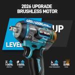 GEVEELIFE Impact Wrench 480Ft-lbs(650N.m) Brushless, 1/2 Impact Gun with 2x4.0Ah Battery, Cordless Impact Wrench, 6 Sockets, 8 Drill Bits, 3300RPM Power Electric Impact Driver for Car/DIY Furniture
