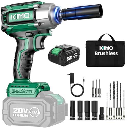 KIMO Impact Wrench 1/2 Cordless, 1200N.m (900ft-lbs), 4000RPM, 9-Piece Drill & Driver Set, 4 Sockets Impact Drill for Car Tires, Safety Lock, Variable Modes, 4000mAh Battery Power Smart Impact Wrench