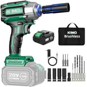 KIMO Impact Wrench 1/2 Cordless, 1200N.m (900ft-lbs), 4000RPM, 9-Piece Drill & Driver Set, 4 Sockets Impact Drill for Car Tires, Safety Lock, Variable Modes, 4000mAh Battery Power Smart Impact Wrench