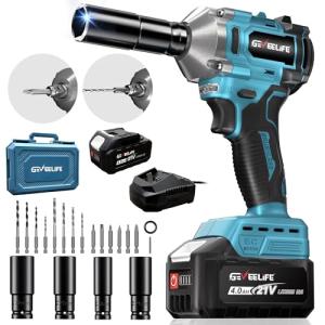 GEVEELIFE 450N.m/332Ft-lbs Brushless Impact Wrench,1/2" Cordless Impact Gun with 4.0Ah Battery & 4 Sockets, Electric Impact Driver for Car/DIY Furniture/Lawn Mower/blue (450N)
