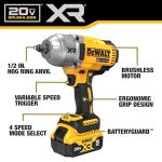 DEWALT 20V MAX Cordless Impact Wrench with Hog Ring Anvil, Brushless High Torque 1/2 Impact Gun, 4-Mode Speed, Includes Battery, Charger and Kit Bag (DCF900P1)