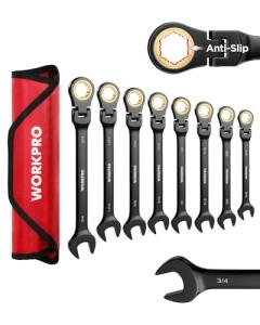 WORKPRO Ratcheting Combination Wrench Set, 8-piece Flex-Head Anti-Slip Set SAE 5/16-3/4 inch, 72-Teeth, Cr-V Constructed, Black Electrophoretic Coating with Rolling Pouch
