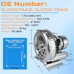 2HP Regenerative Blower 110-120V | 1.75 KW 150 CFM High-Pressure Industrial Vacuum Pump for Air Blowing Sewage Aeration Aquarium Fish Pond, Replace# 2LG510-7AA21 2LG5107AA21