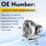 KALANBAY 2HP Regenerative Blower 1.75 kW 150 CFM 2" BSP 110-120V High Pressure Industrial Vacuum Pump for Air Blowing or Suction for 2LG510-7AA21 2LG5107AA21