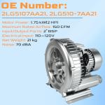 2HP Regenerative Blower 110-120V | 1.75 KW 150 CFM High-Pressure Industrial Vacuum Pump for Air Blowing Sewage Aeration Aquarium Fish Pond, Replace# 2LG510-7AA21 2LG5107AA21