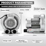 Byjoph 3/4HP Regenerative Blower, 77CFM 110V 60Hz Single Phase, High-Pressure Vortex Ring Blower, Industrial Vacuum Pump for Air Blowing Or Suction for Sewage Aeration Aquarium Fish Pond (0.74HP/550W)