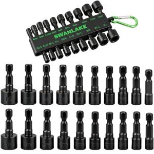 SWANLAKE 20PCS Power Nut Driver Set for Impact Drill, 1/4” Hex Head Drill Bit Set SAE and Metric