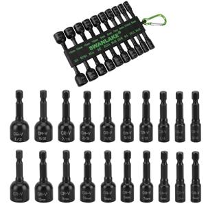 20-Piece Magnetic Nut Driver Set, Metric & SAE 1/4" Hex Shank, Drill Socket Set, Impact Driver Bit Set, Magnetic Bit Holder with Aluminum Alloy Snap Clip, Quick Change Tool