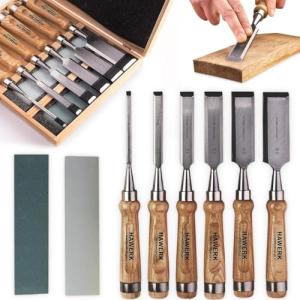 HAWERK Wood Chisel Set - Wood Carving Chisels with Premium Wooden Case - Includes 6 pcs Wood Chisels & 2 Sharpening Stones